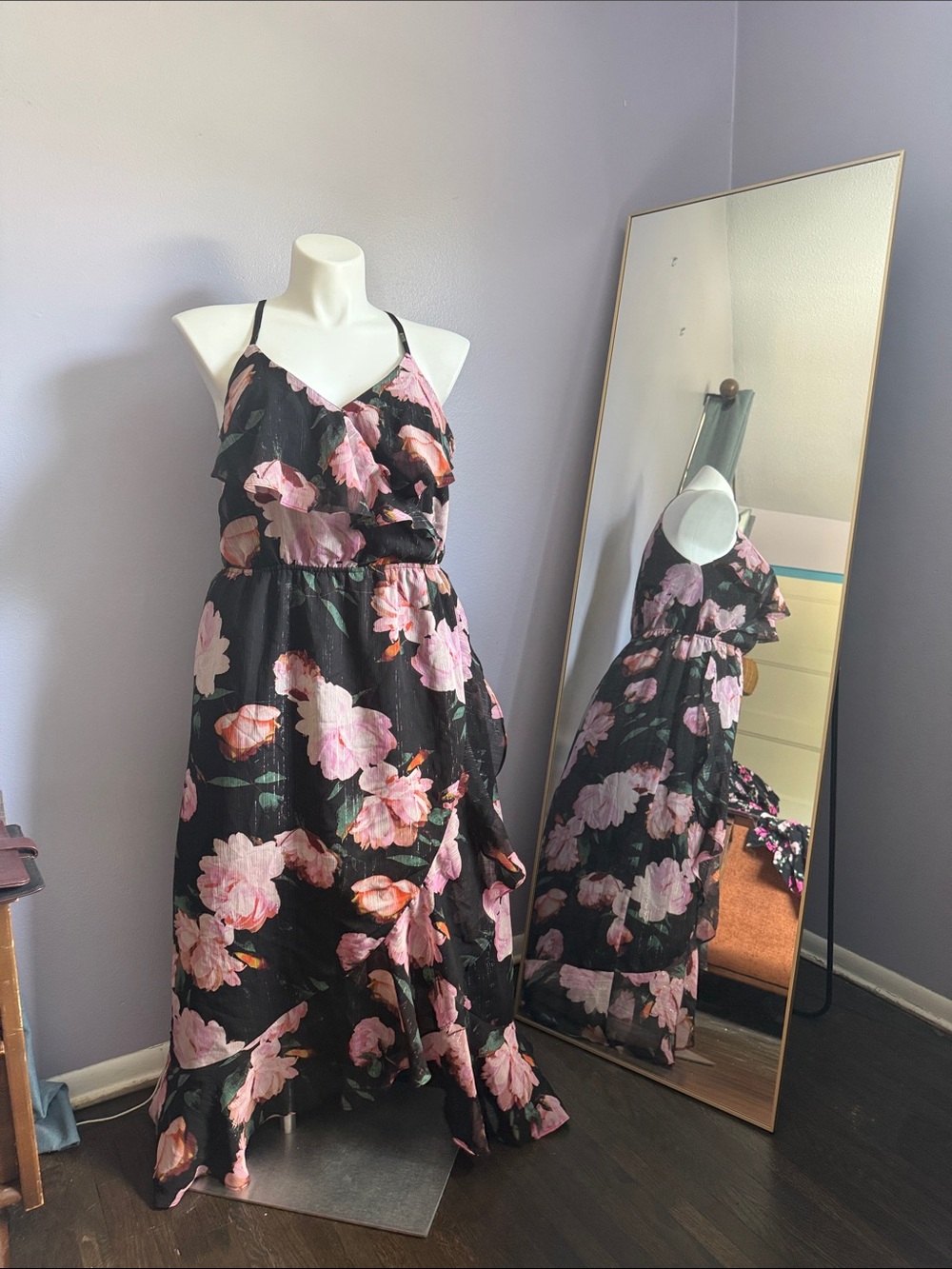Black Floral Maxi Dress with Pink Blooms